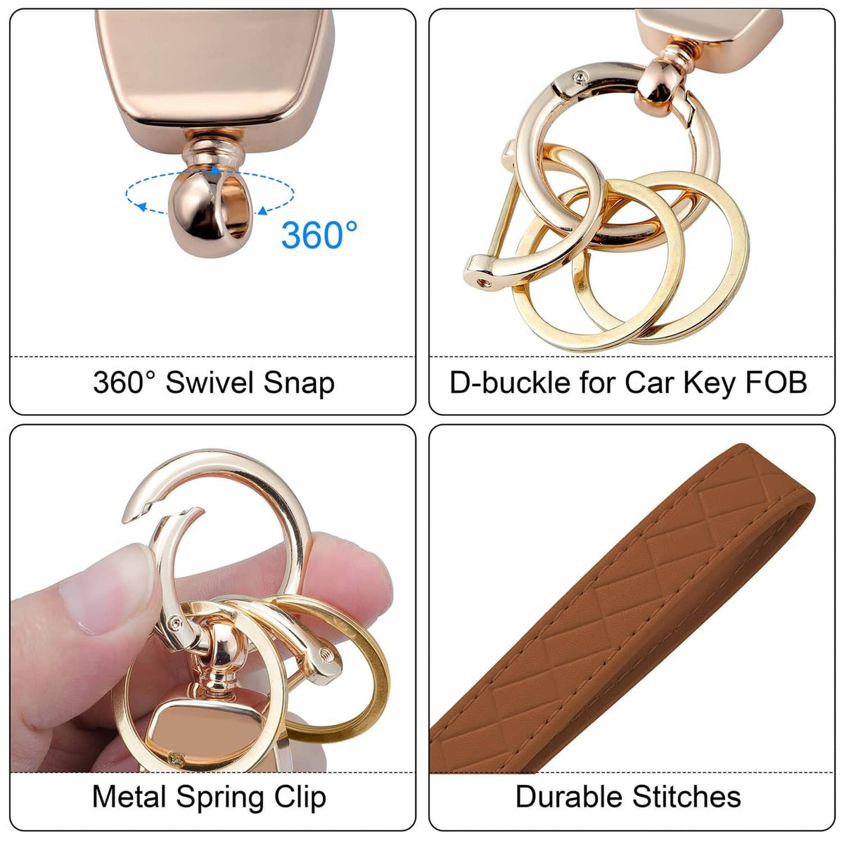Quilted brown leather keychain hardware set: swivel snap, D-buckle, metal spring clip