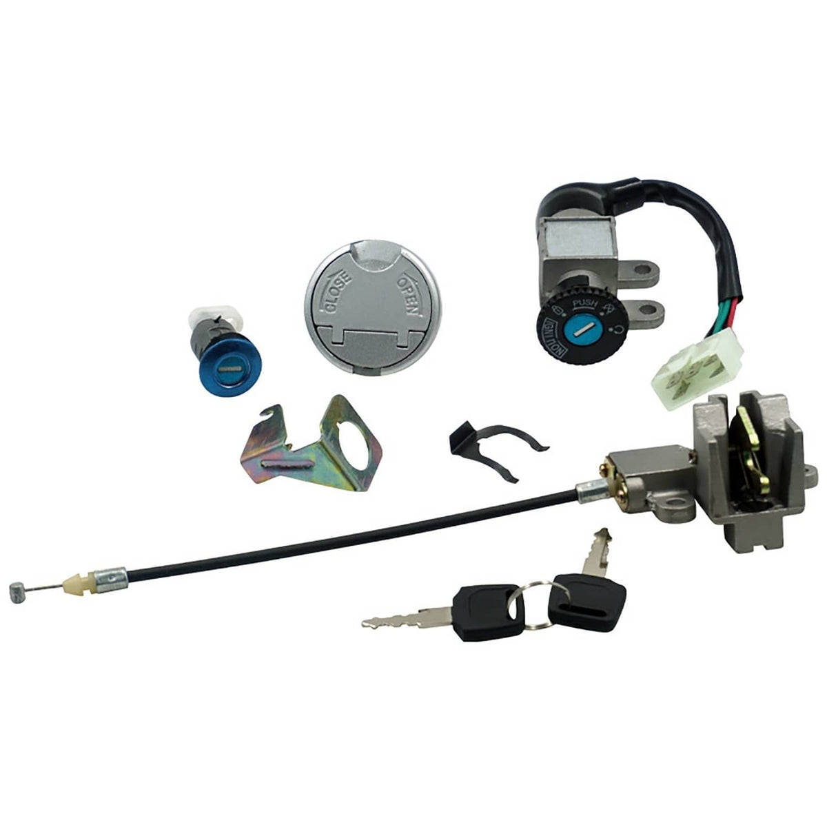 Ignition switch key and gas tank lock cap set with keys, wires, and metal cylinder