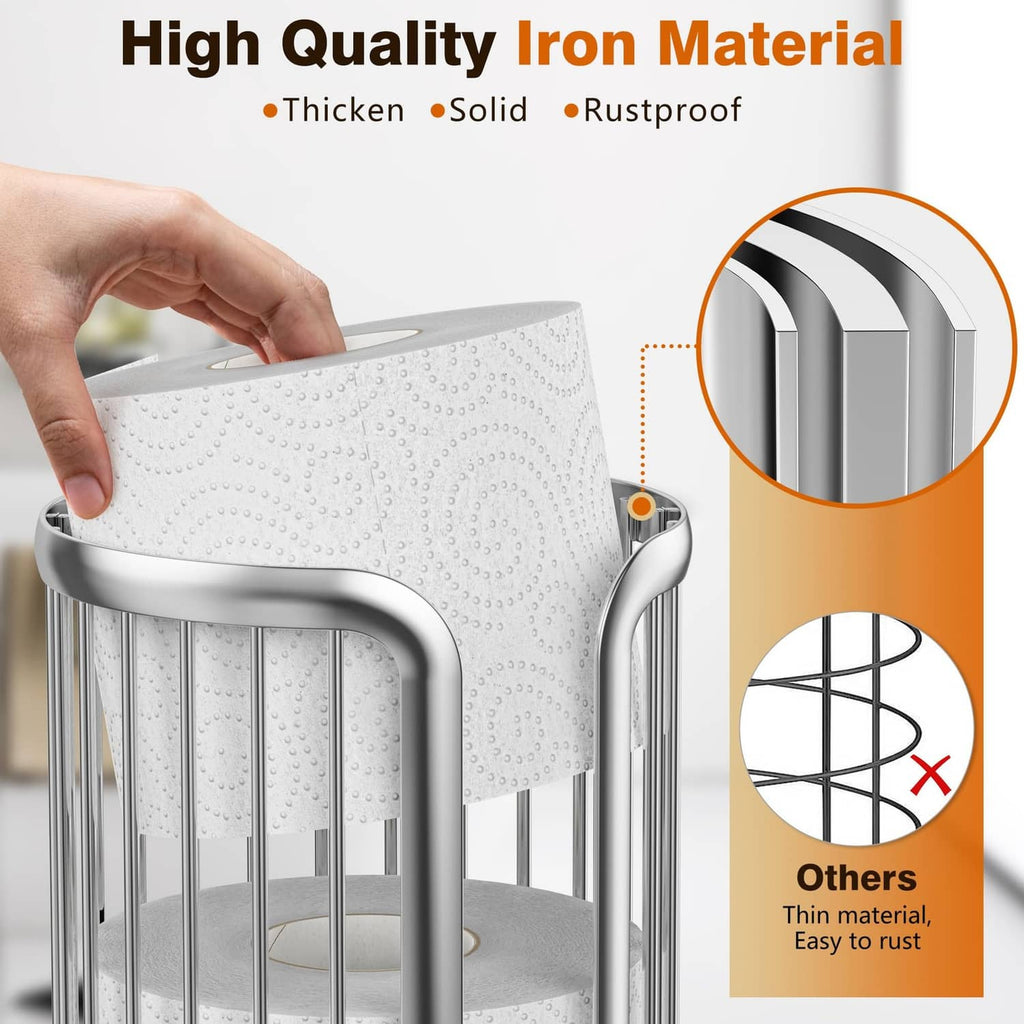 Freestanding silver toilet paper holder stand holding a tissue roll, open wire design