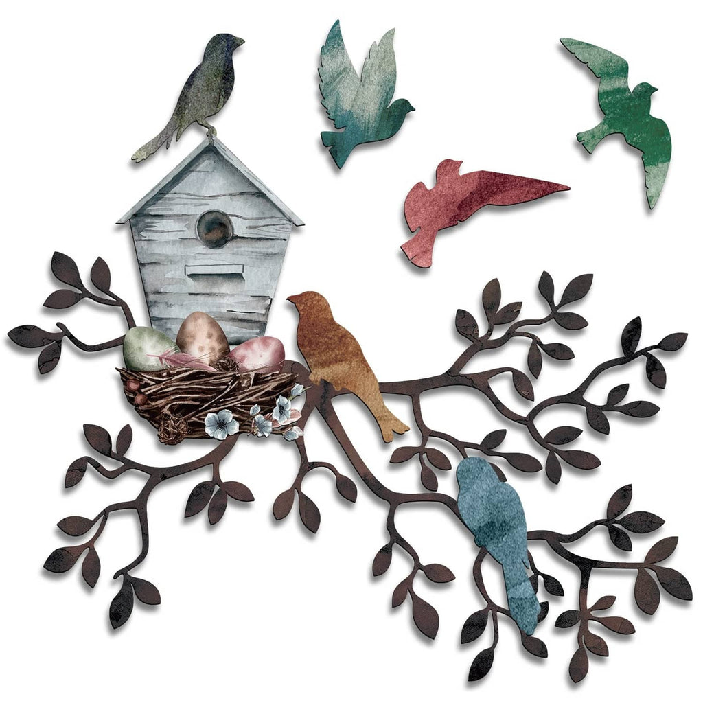 Multicolor metal bird wall art with birdhouse, nest, branches and leaf shapes