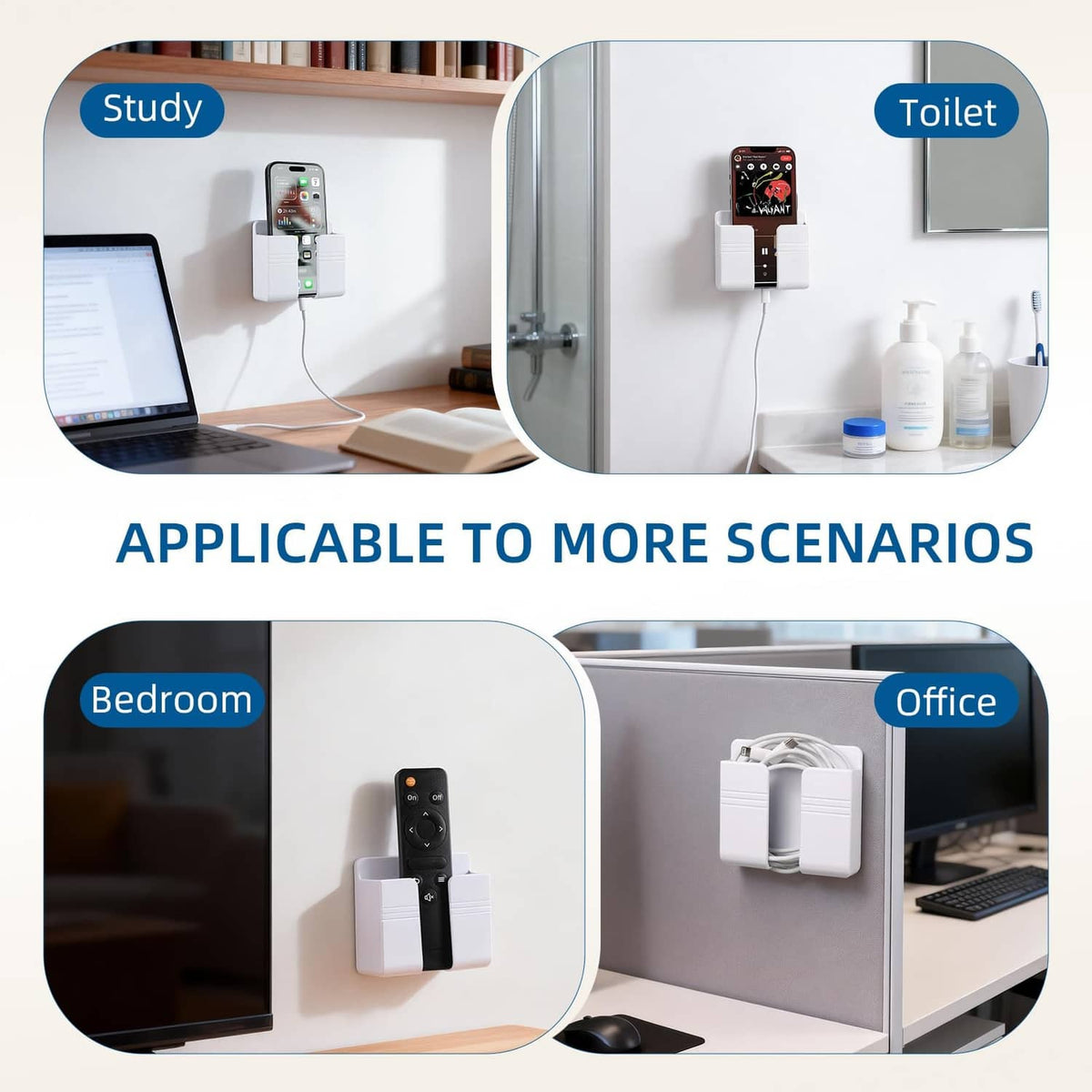 White phone holder accessory shown installed on bedroom, office, and bathroom walls