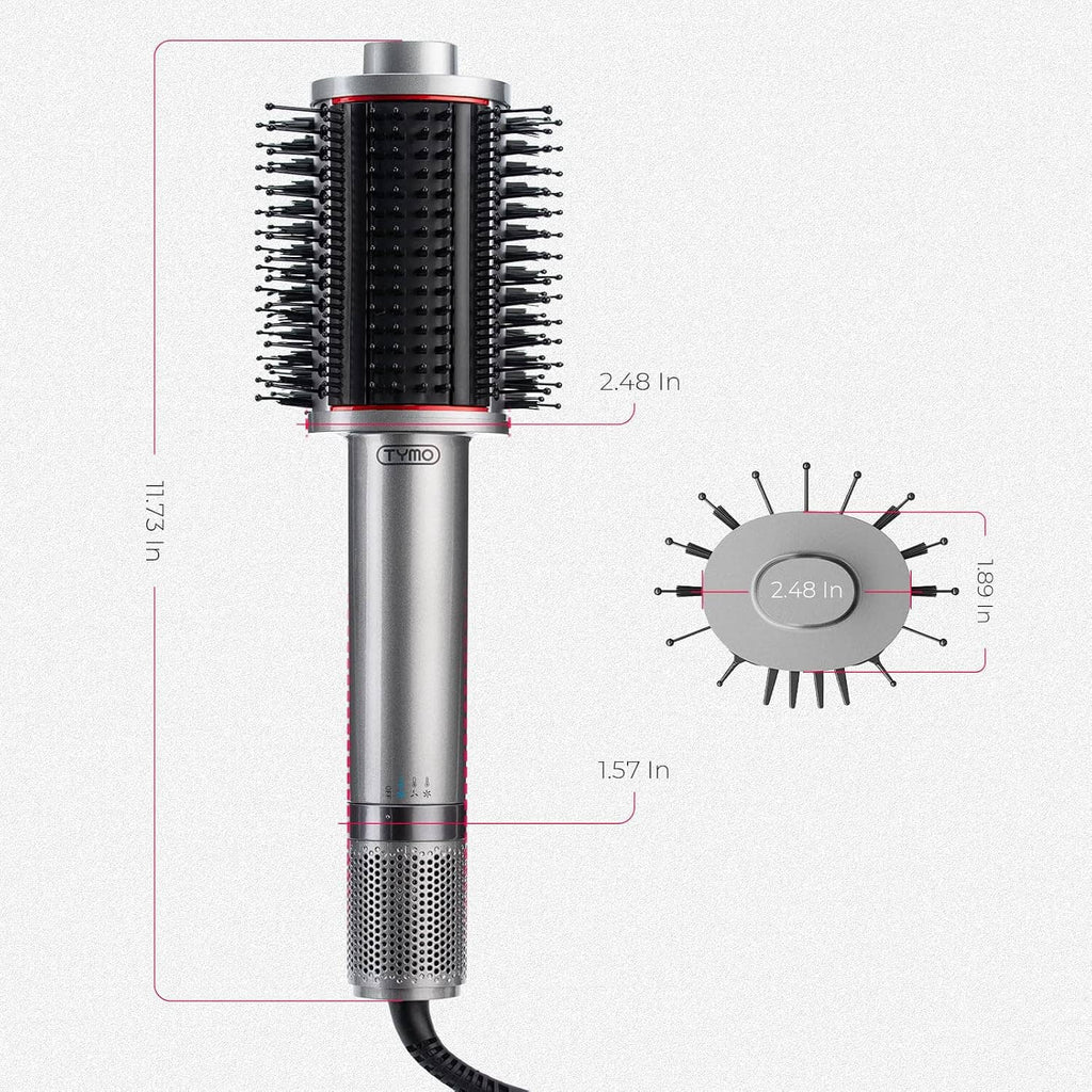 Vented hair blow dryer brush with round bristle head and silver cylindrical handle