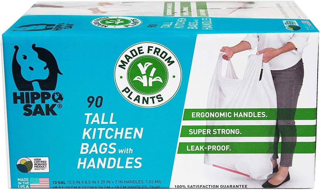 Tall kitchen garbage bags packaging, 13-gallon; front shows bag with handles.