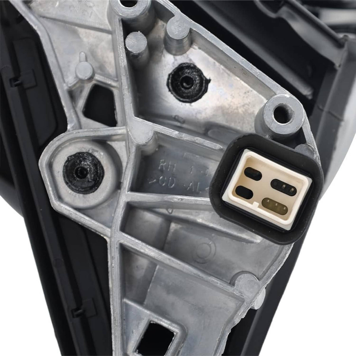 Passenger side mirror backplate with mounting points and wiring connector
