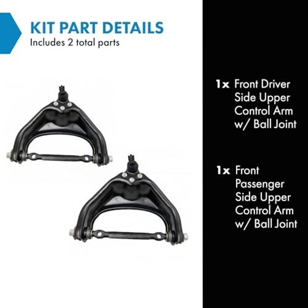 Two-piece front upper control arm kit with ball joints, black metal