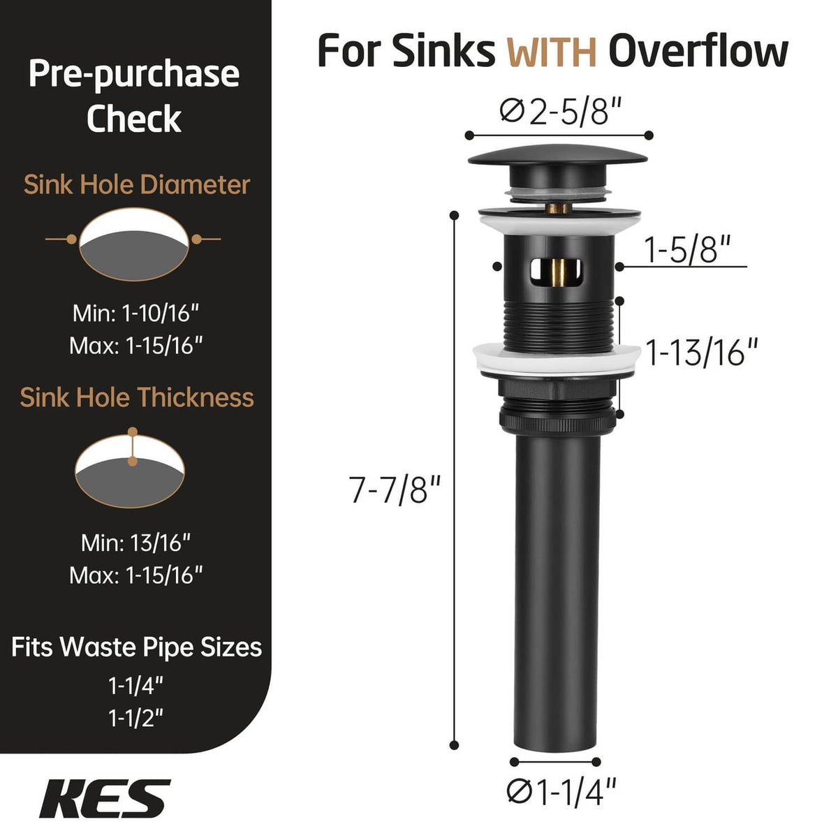 Matte black bathroom sink drain with overflow for 2-5/8 in sink hole