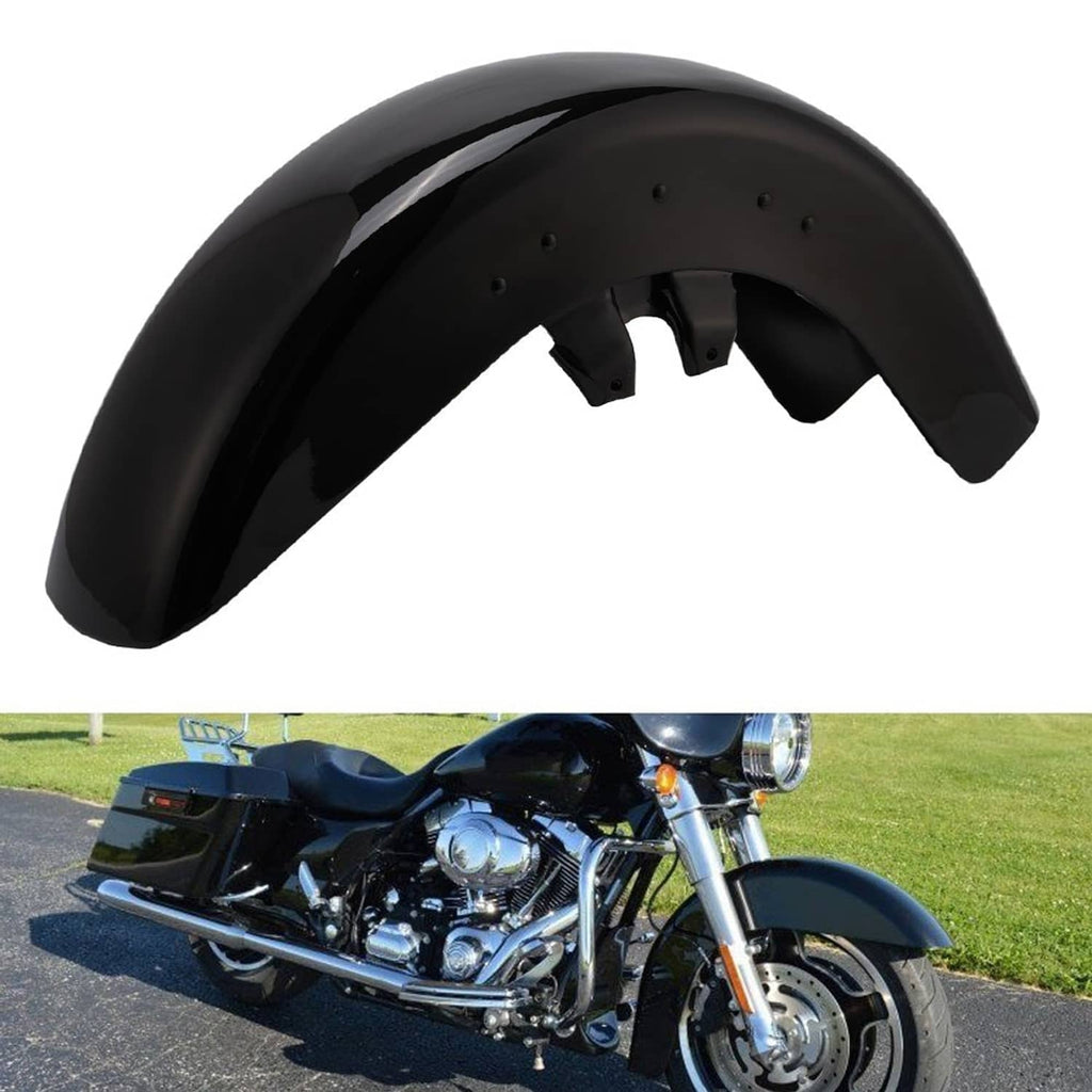 Vivid black front fender installed on a touring motorcycle beside the front wheel