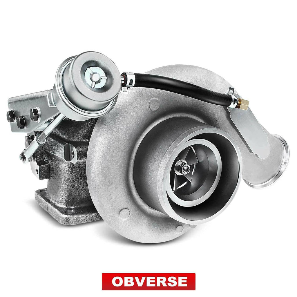 HX35W turbocharger side view with black hose, metal actuator cap, and wheel housing