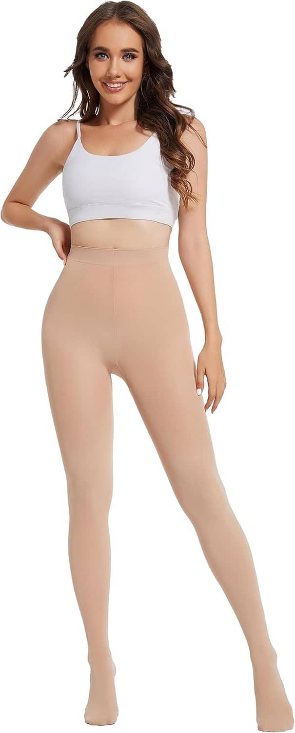Nude opaque footed tights, full outfit view with white crop top