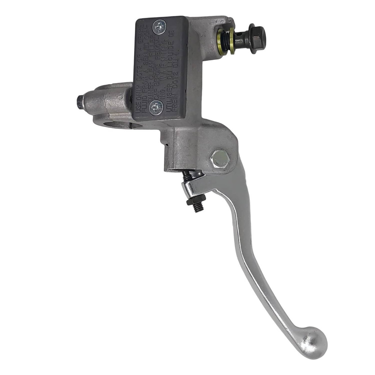 Front brake master cylinder lever with chrome lever, gray body, and mounting bolts