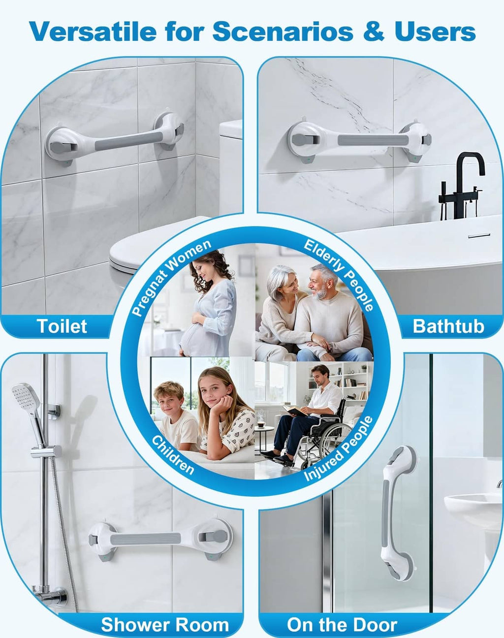 White suction-cup shower grab bar for bathtub and shower room wall mounting