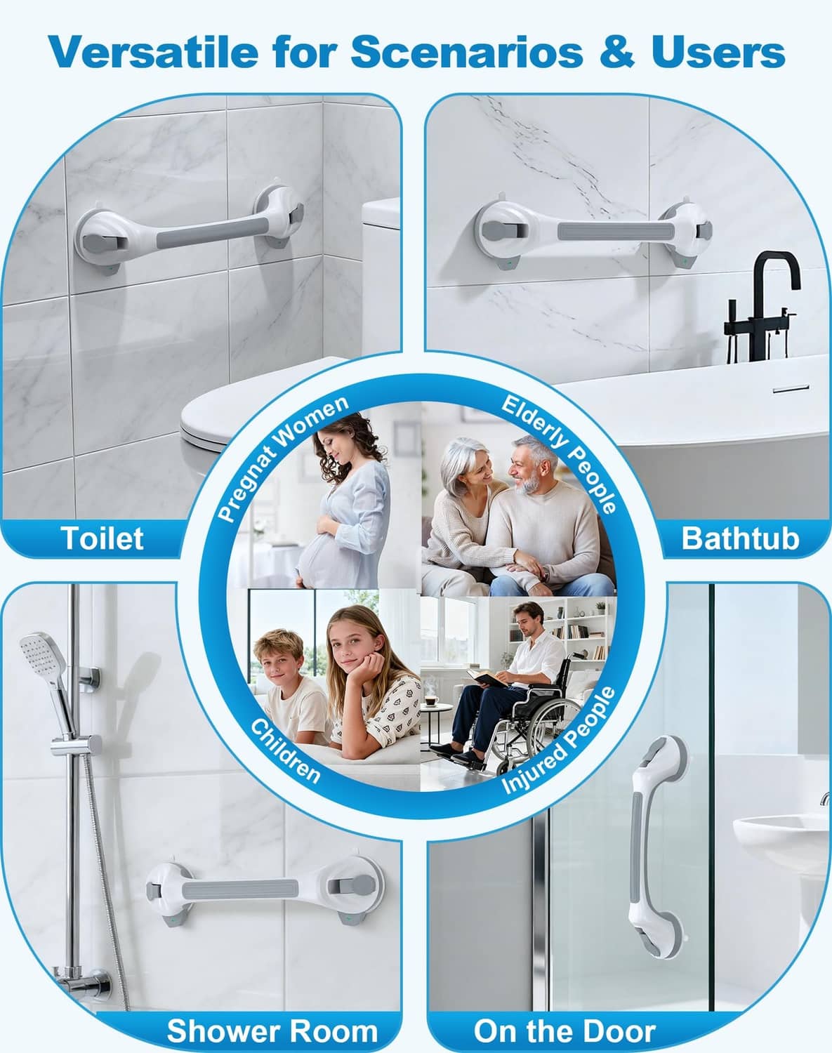 White suction-cup shower grab bar for bathtub and shower room wall mounting