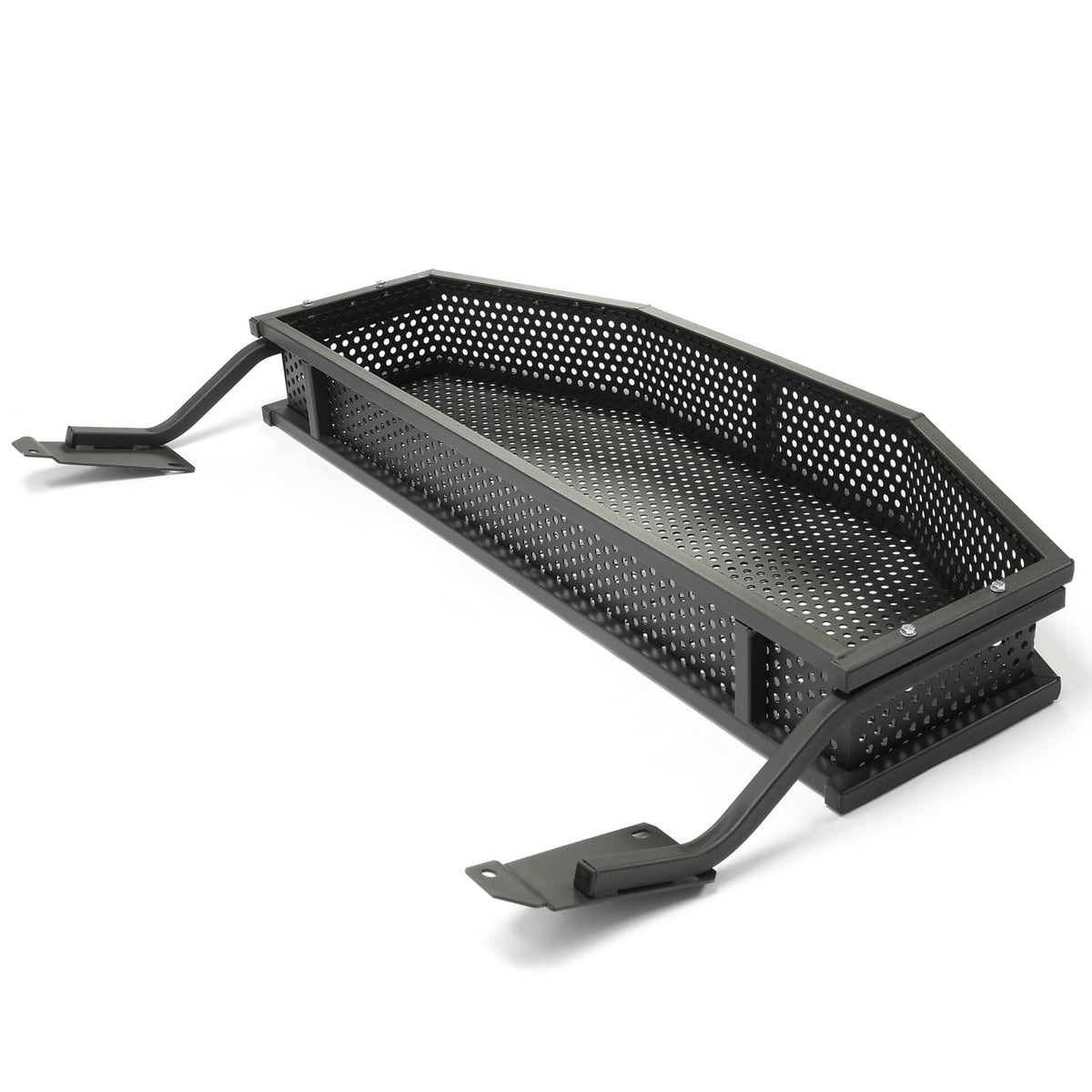 Front utility storage basket with perforated tray and mounting support brackets