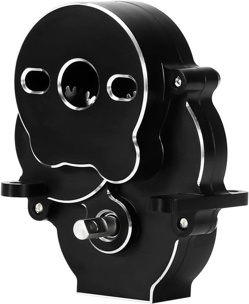 INJORA transmission housing, black CNC aluminum with circular cutouts and silver edges