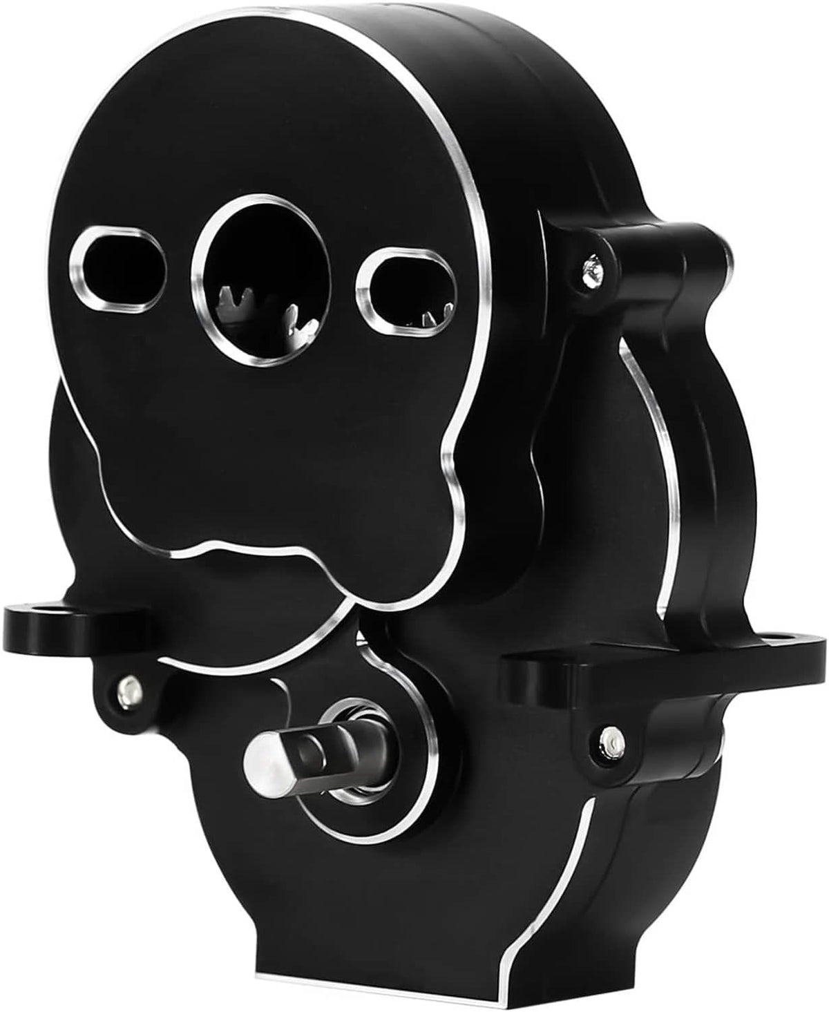 INJORA transmission housing, black CNC aluminum with circular cutouts and silver edges