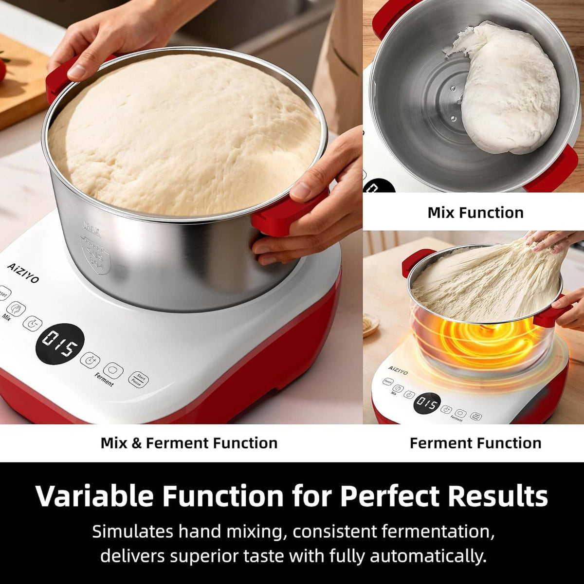 Dough mixer with bowl containing dough during mixing and fermenting