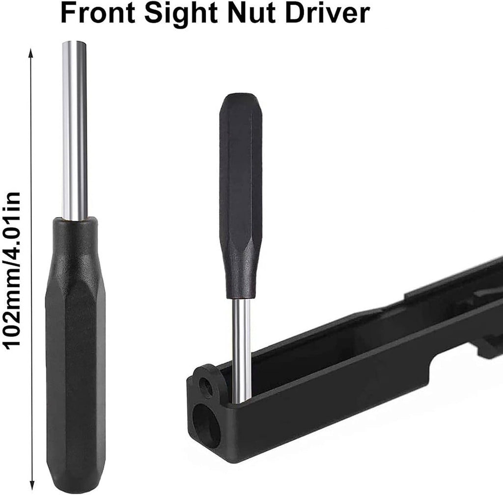 Front sight nut driver with long steel shaft and textured black handle