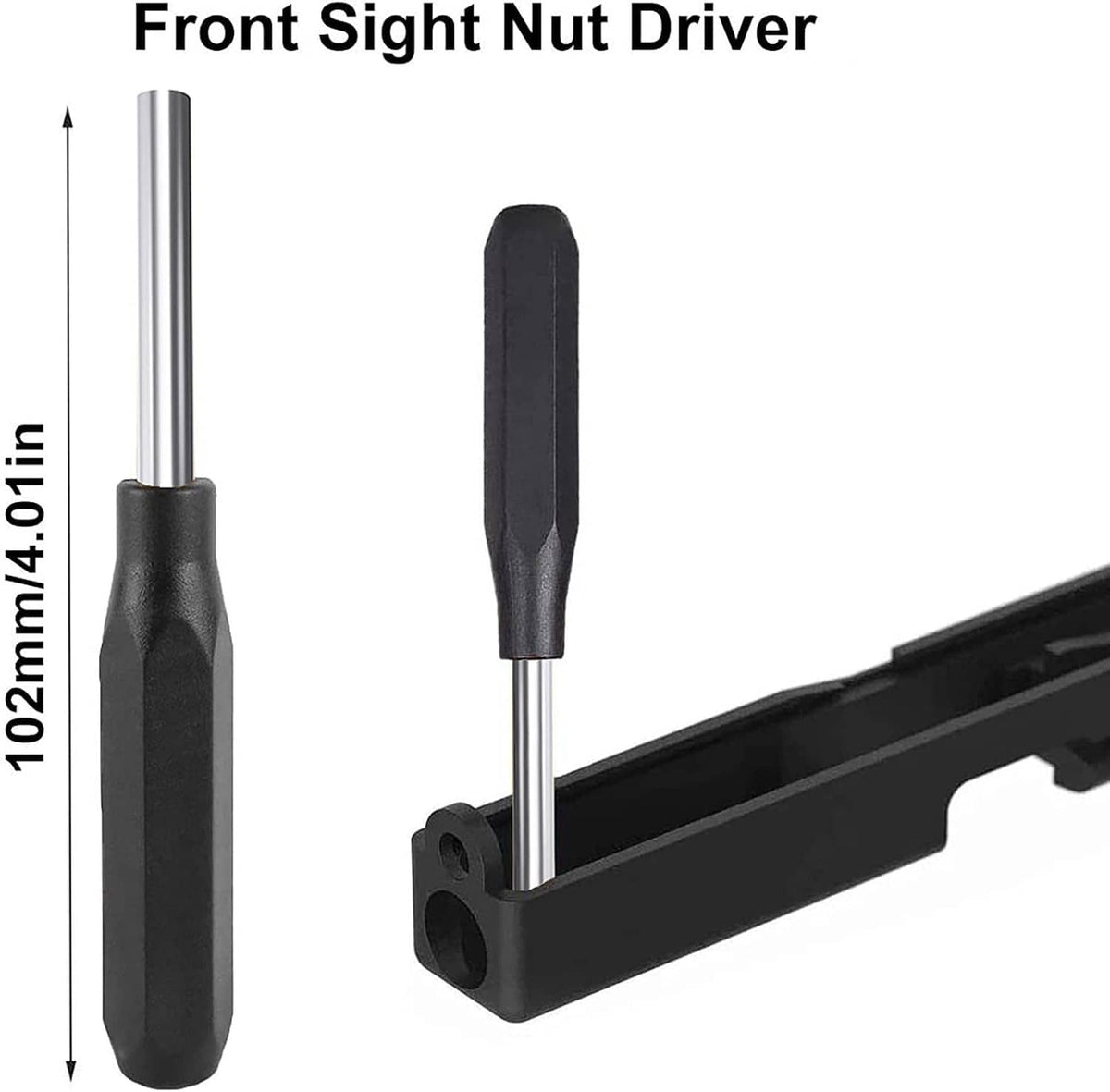 Front sight nut driver with long steel shaft and textured black handle
