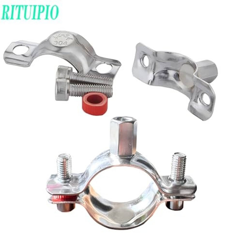 Stainless steel split ring pipe hanger with mounting screws, red gasket, and bracket parts