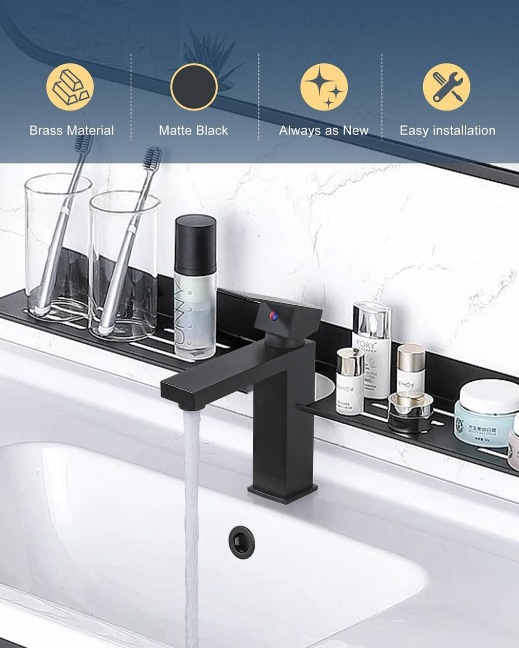 Matte black sink overflow ring on a white bathroom sink surface
