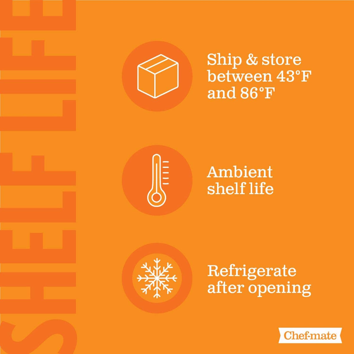 Storage and handling icons: ship and store, ambient shelf life, refrigerate after opening