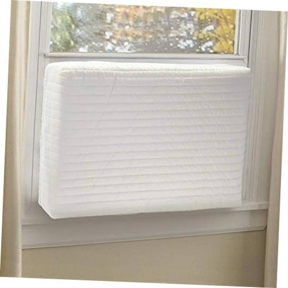 Cream double-insulated AC cover with quilted texture, sized for small units.