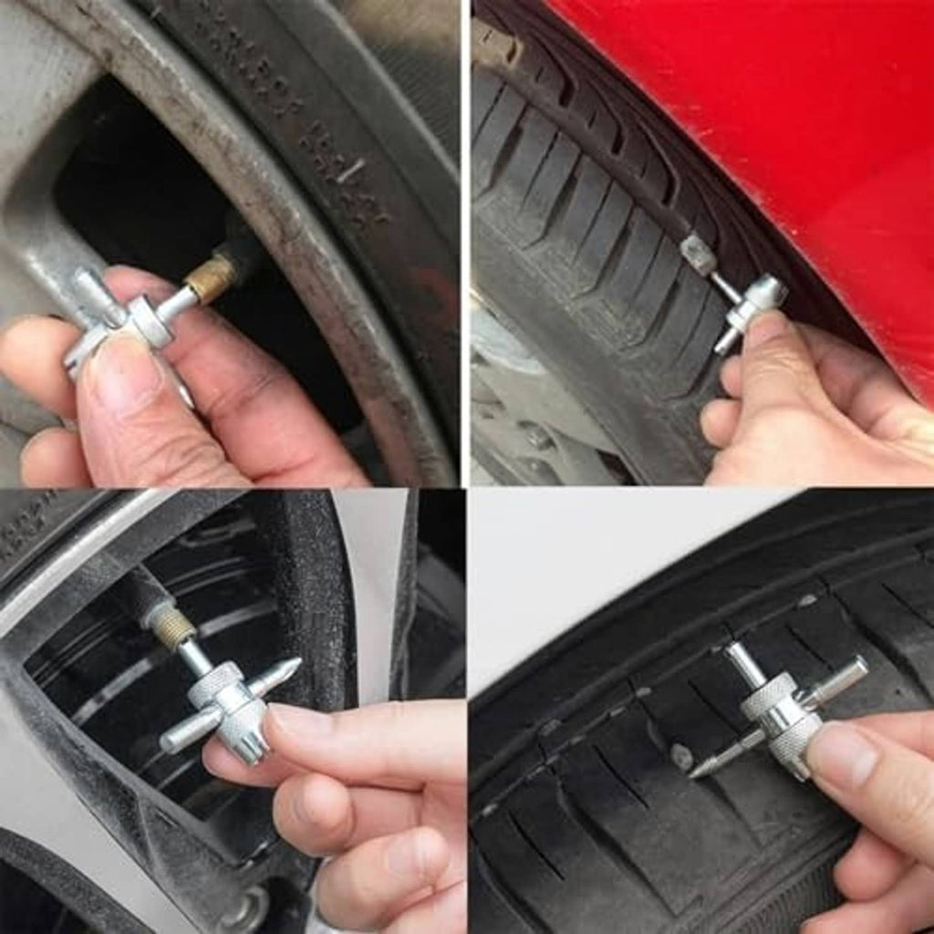 Valve core tool shown installing on a tire valve stem using a connector wrench