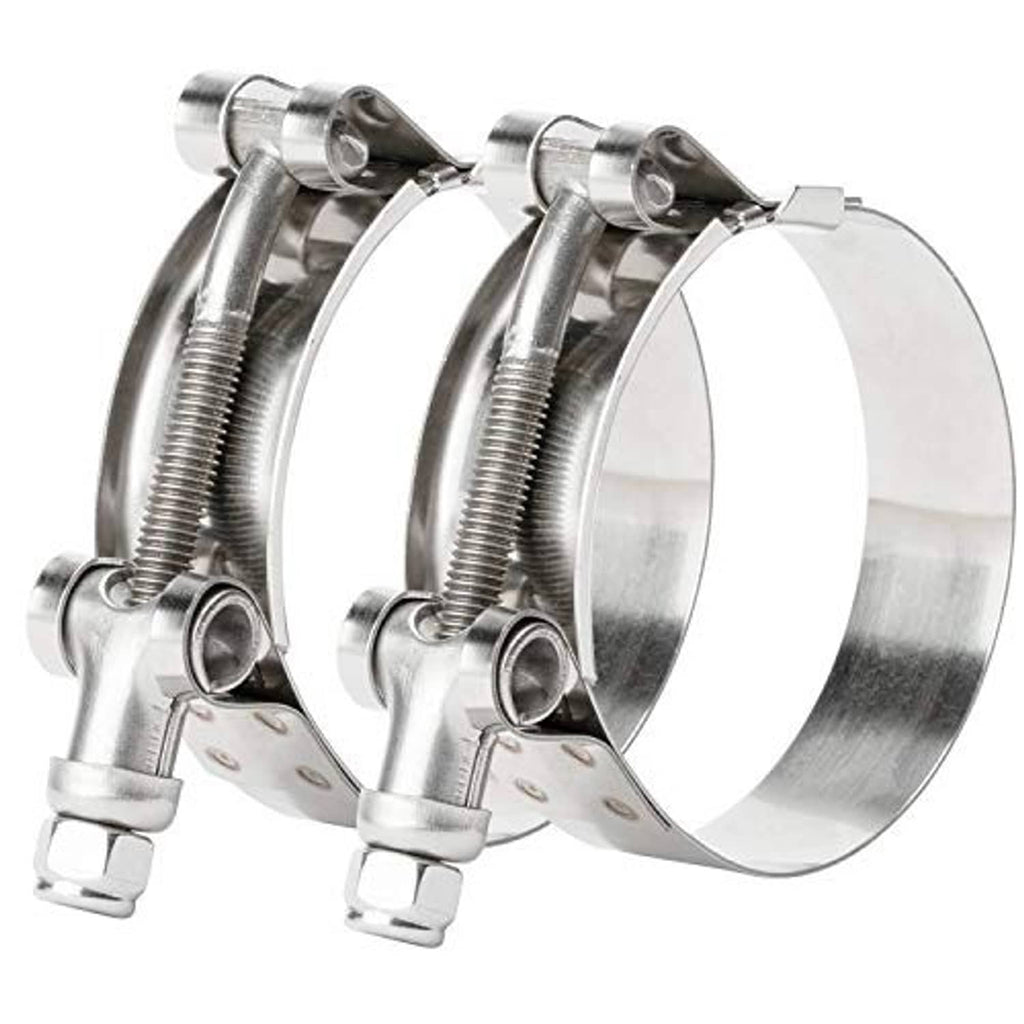 Stainless steel T-bolt hose clamp set, 1.75 in, two clamps with threaded band and bolt