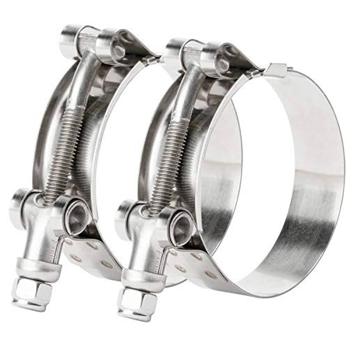 Stainless steel T-bolt hose clamp set, 1.75 in, two clamps with threaded band and bolt