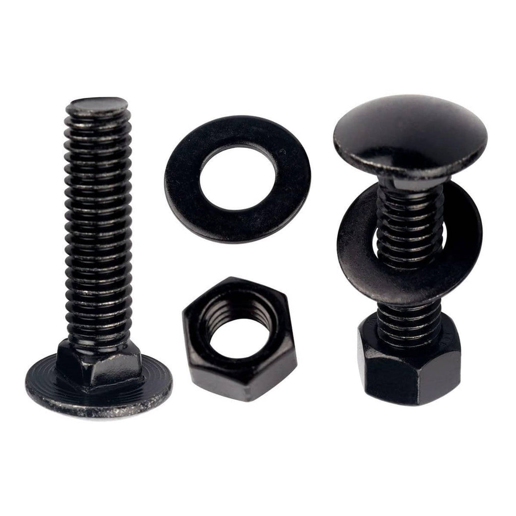 Black carriage bolts with hex nuts and washers, one bolt-and-hardware set
