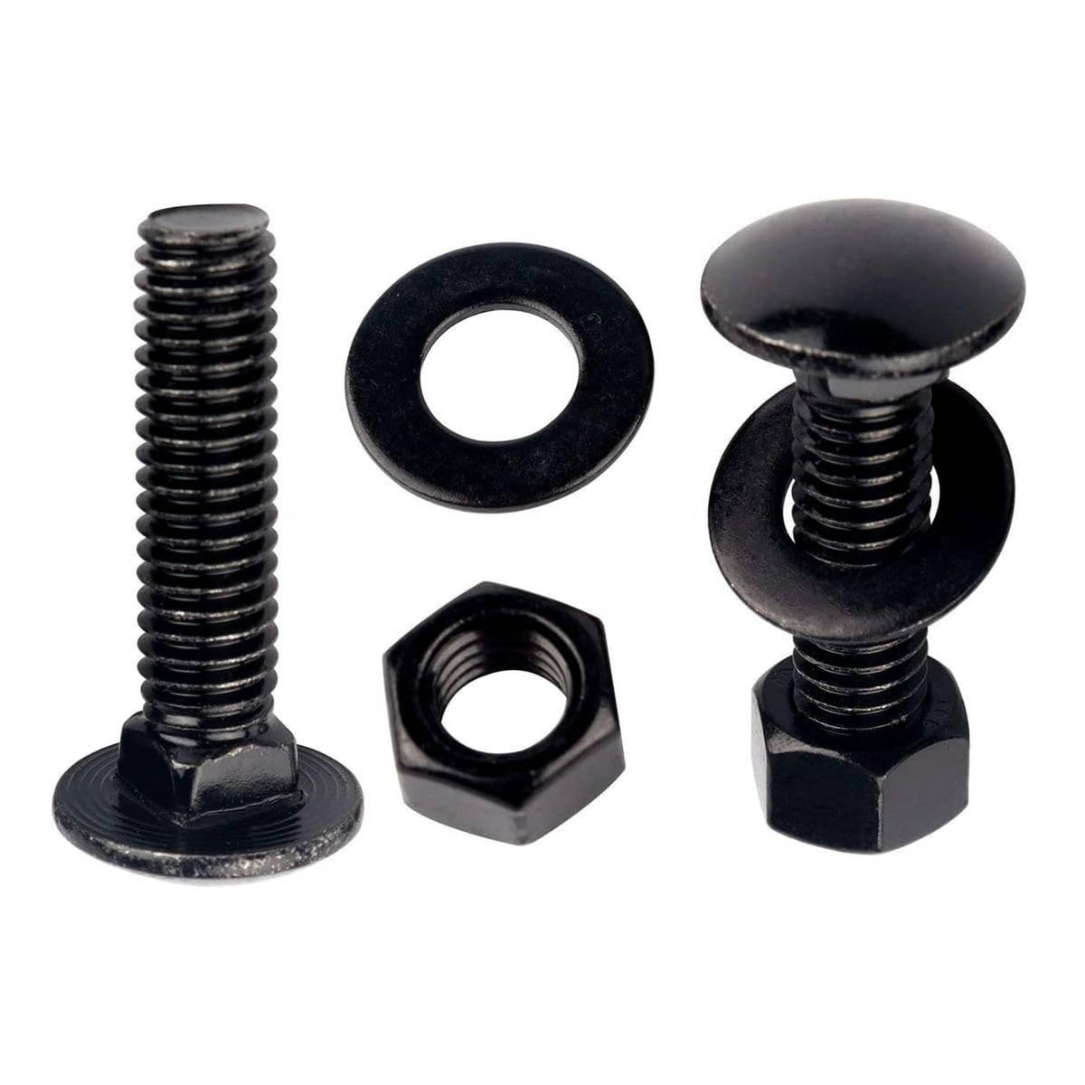 Black carriage bolts with hex nuts and washers, one bolt-and-hardware set