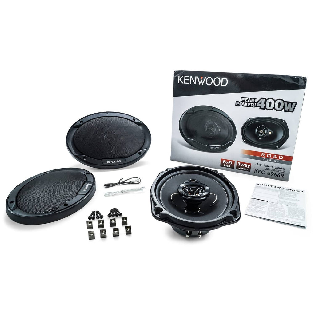 Car speaker kit with two black 6.5-inch woofers, wiring and mounting hardware