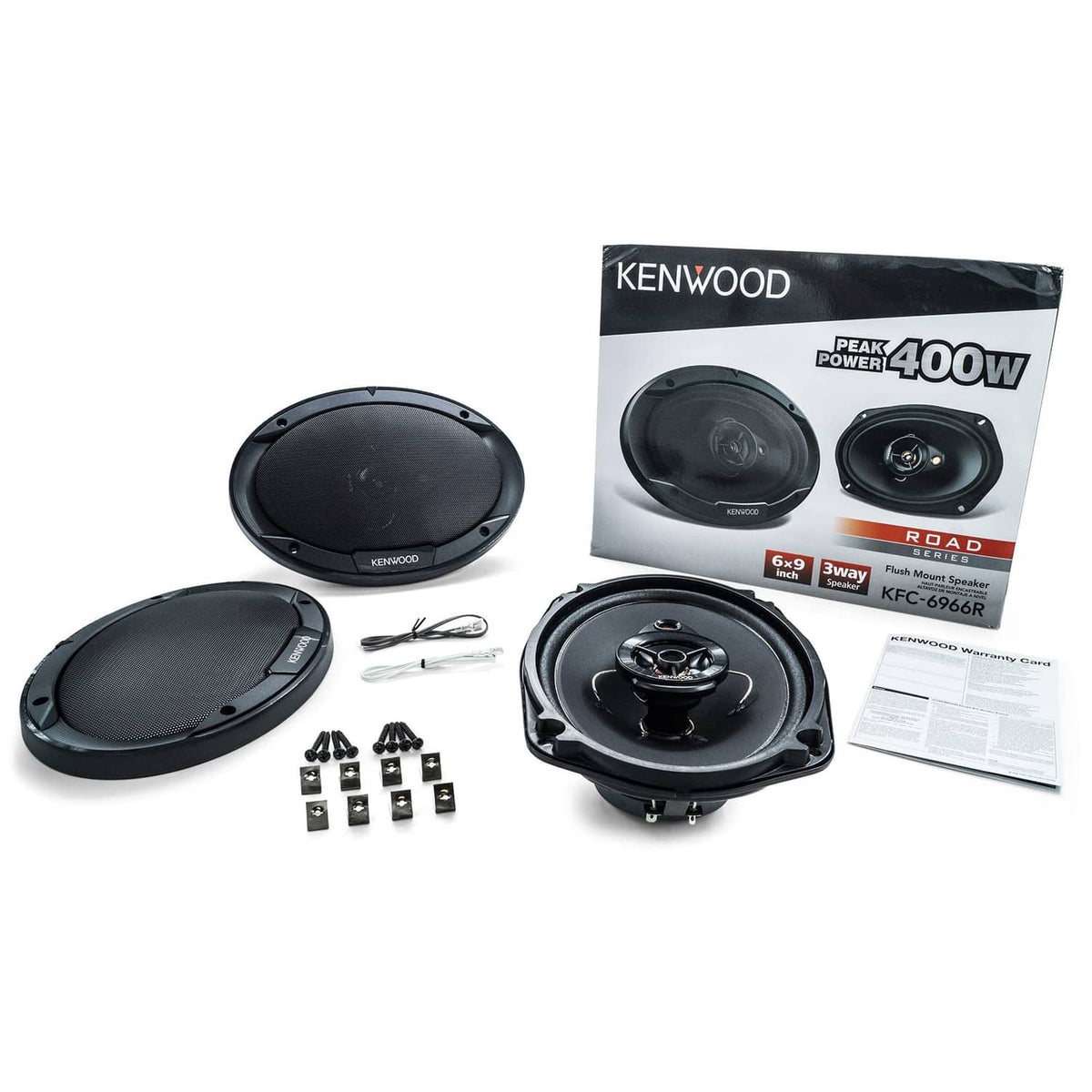 Car speaker kit with two black 6.5-inch woofers, wiring and mounting hardware