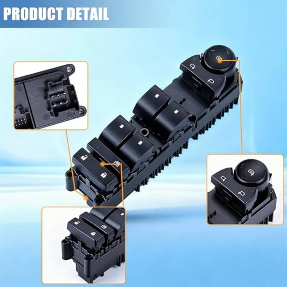 Black master power window switch with lock button and visible connector section