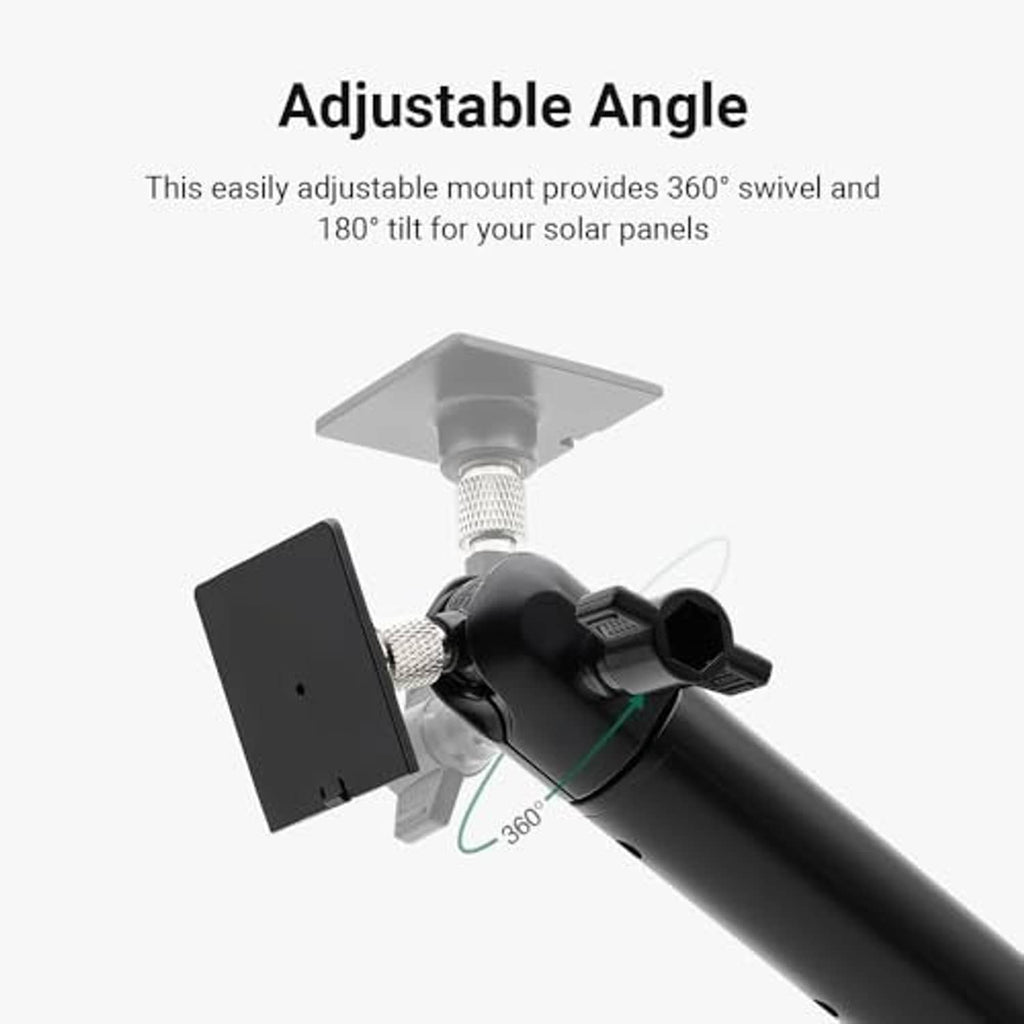 Adjustable angle solar panel mount with 360° swivel and black pole clamp
