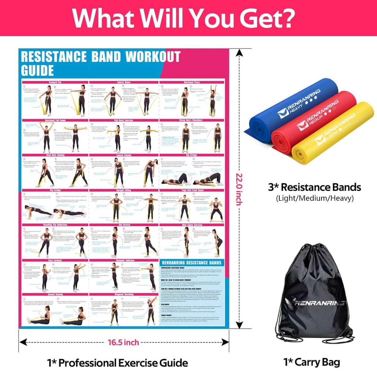Resistance band set with rolled blue and yellow bands, exercise guide, and carry bag