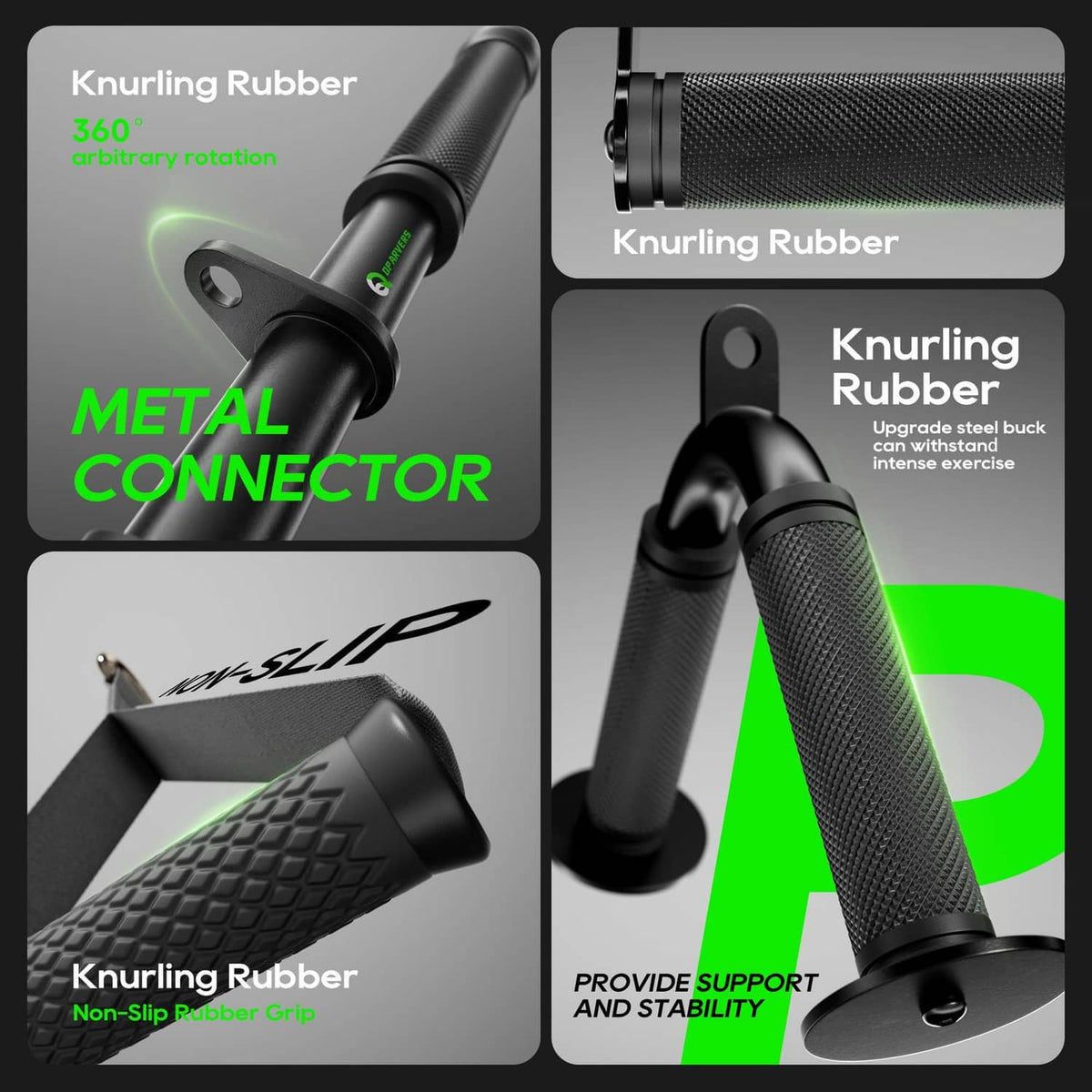 Knurled rubber cable attachment grips with metal connector ends