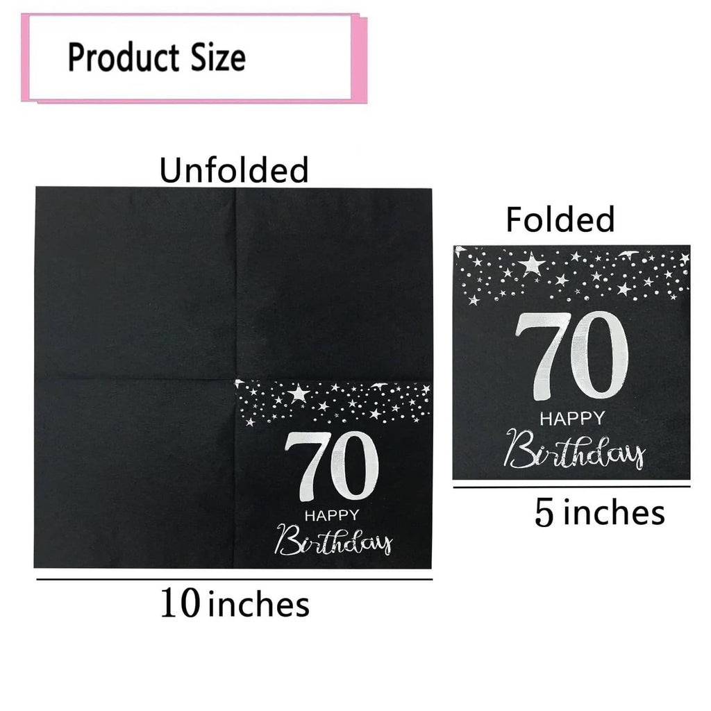 Black napkin size diagram: 10-inch unfolded, 5-inch folded, “70 Happy Birthday”