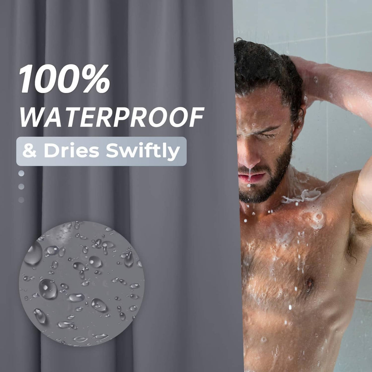 Dark grey waterproof shower curtain liner with water droplets on fabric