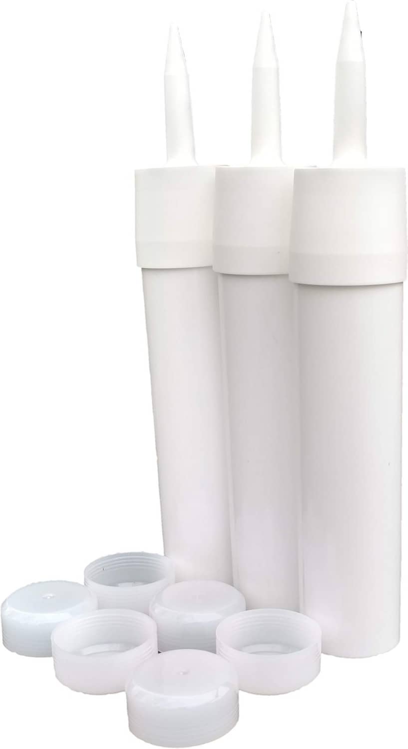 Set of white refillable caulk cartridges with dispensing tips and end caps