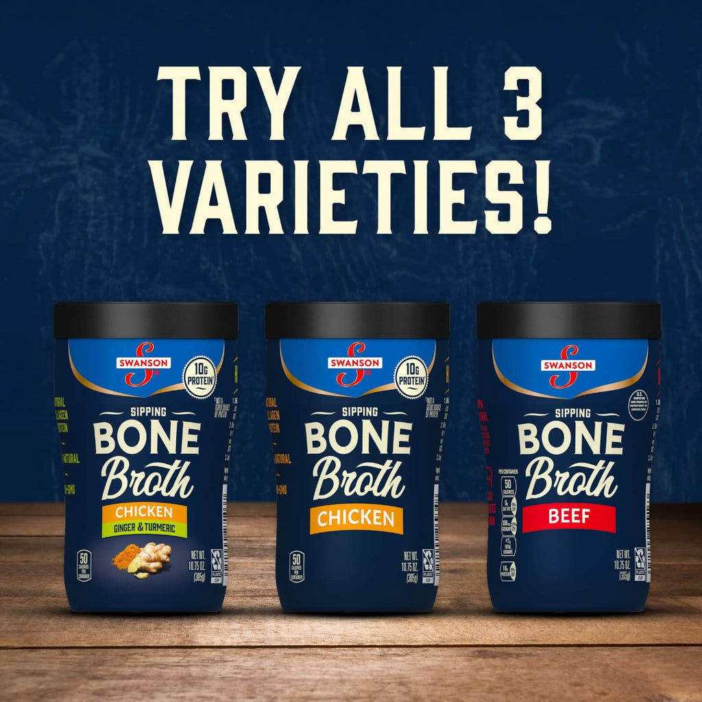 Swanson bone broth variety pack with three sipping cups in tray