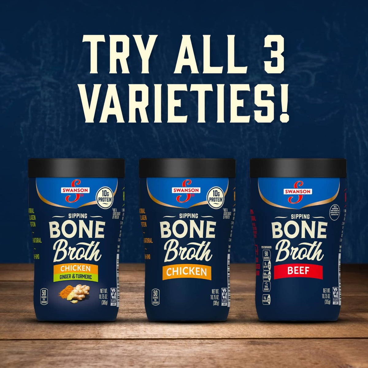 Swanson bone broth variety pack with three sipping cups in tray