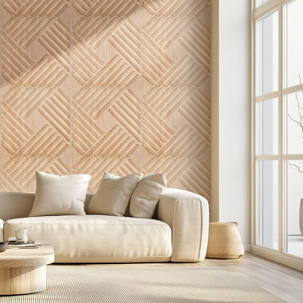 Light wood 3D slat wall panels covering a feature wall behind a sofa.