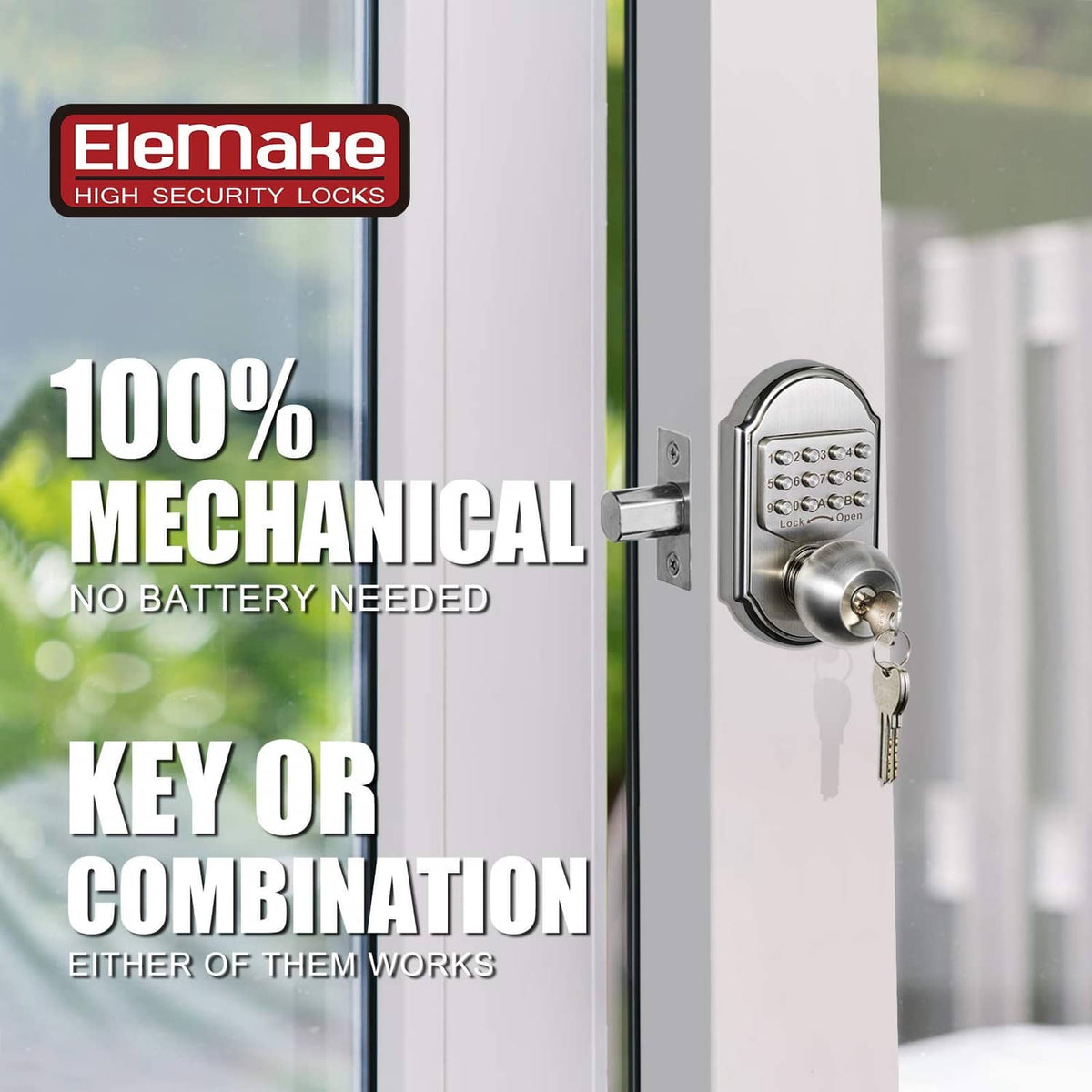 Keyless keypad deadbolt lock on door with keypad panel, thumb-turn, and metal key cylinder