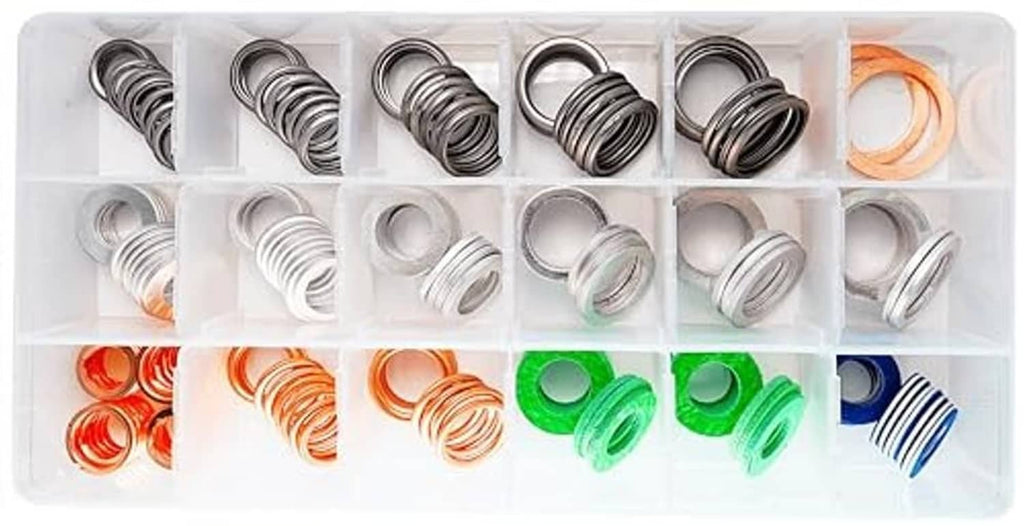 Oil drain plug gasket washer assortment kit, plastic organizer with mixed color ring washers