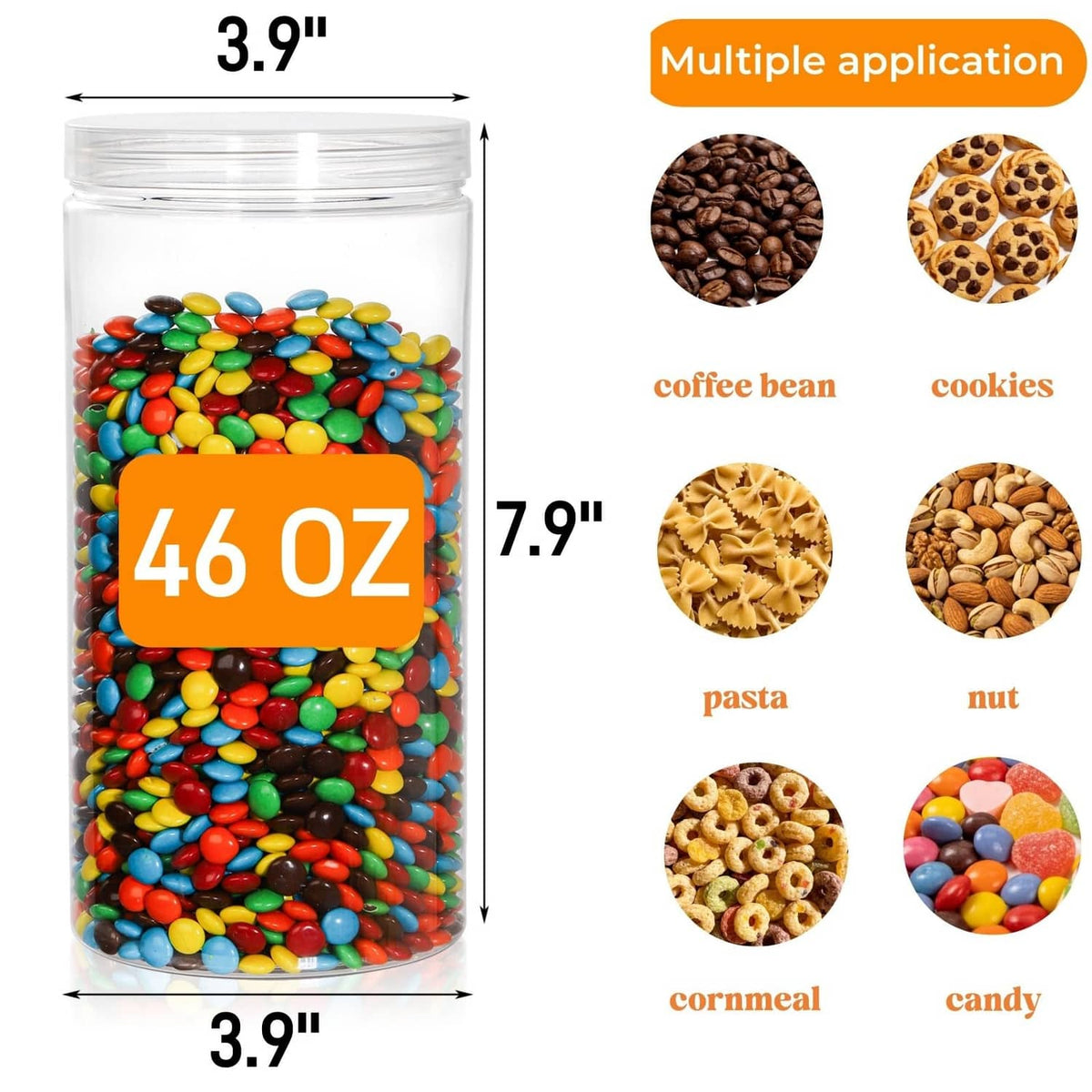 46 oz transparent clear plastic round jar with lid, wide-mouth design