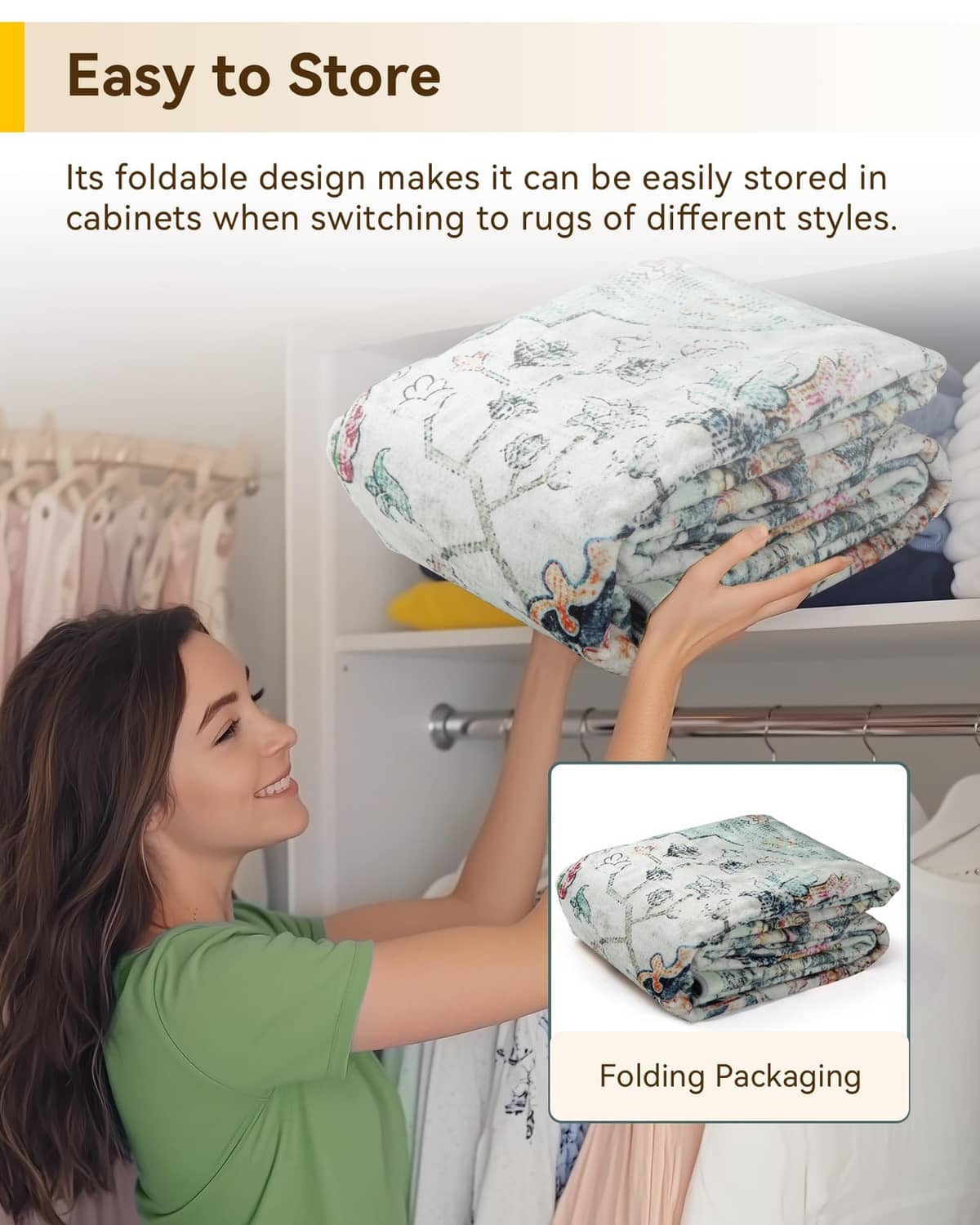 Patterned rectangular area rug folded for storage in a closet