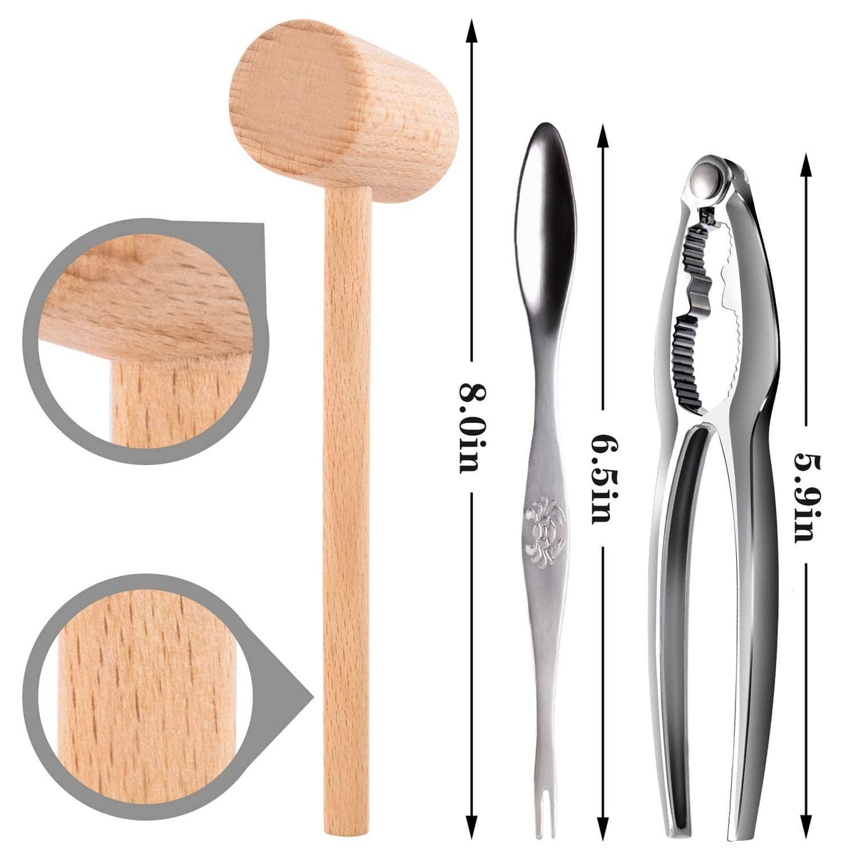 Seafood nutcracker set with wooden mallet handles and metal forks, size shown