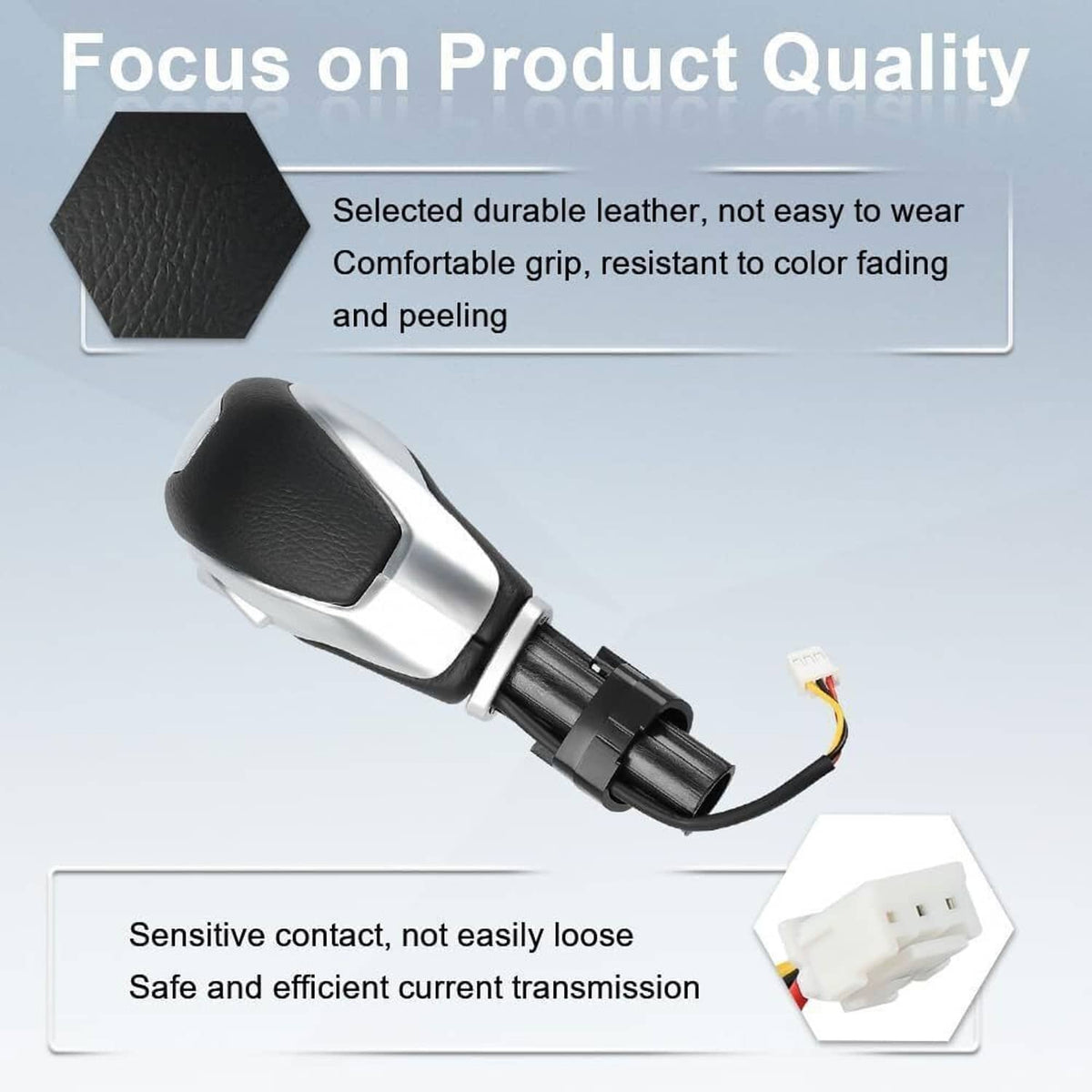 Automatic transmission shift knob with black grip and silver surround, connector and wires
