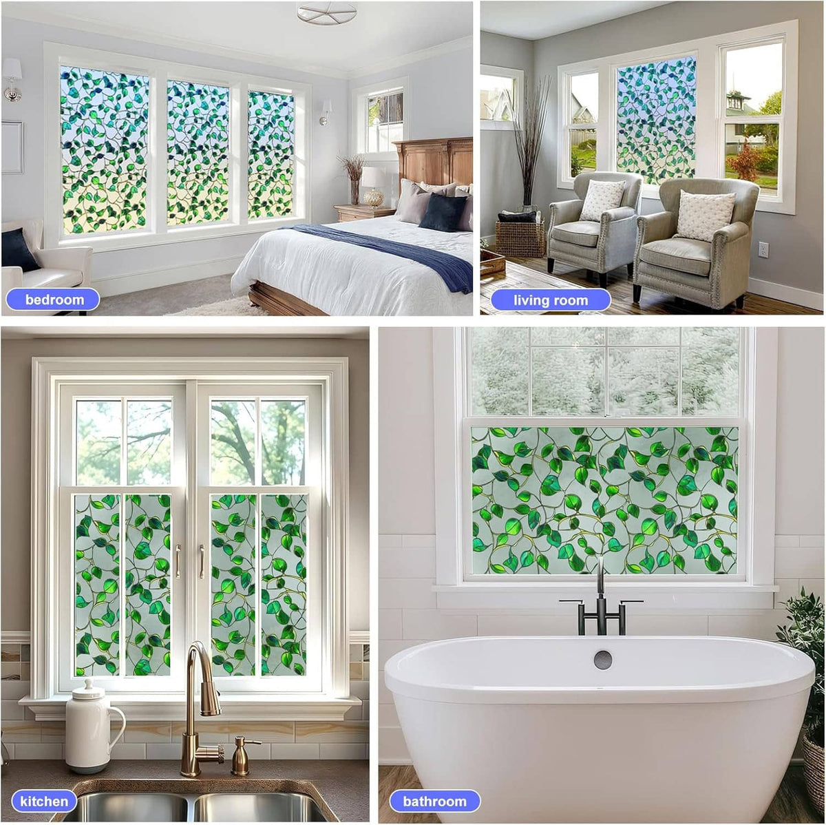 Window privacy film shown in bedroom, living room, kitchen, and bathroom scenes.